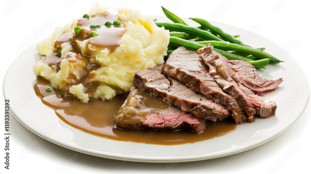 plate of roast beef with mashed potatoes and beans plate of roast beef with mashed potatoes and beans