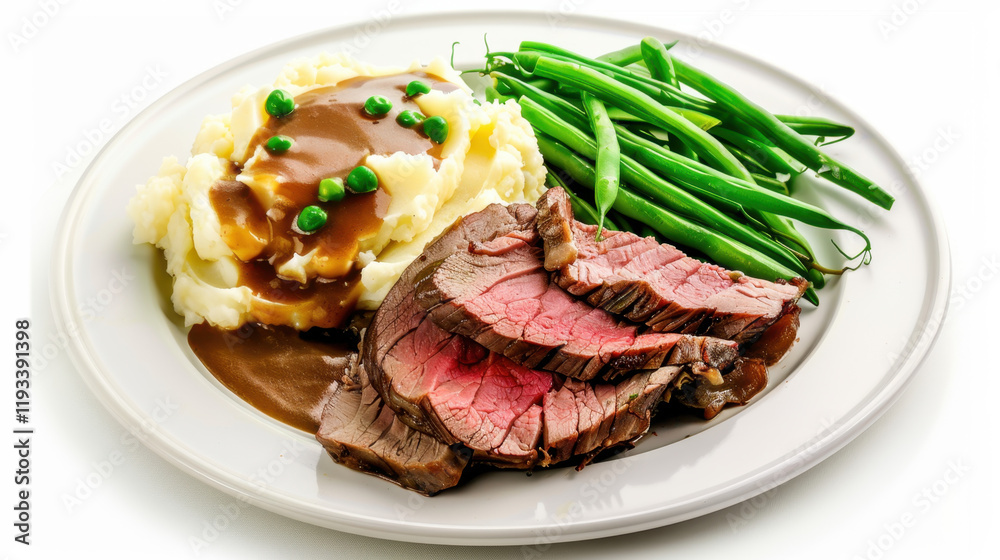 plate of roast beef with mashed potatoes and beans plate of roast beef with mashed potatoes and beans