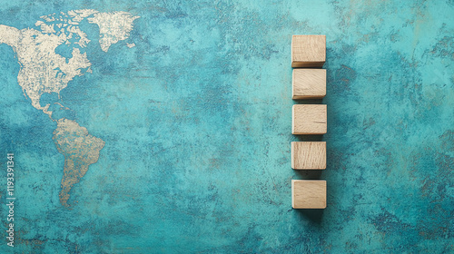 Wooden blocks and vintage world map on textured blue background photo