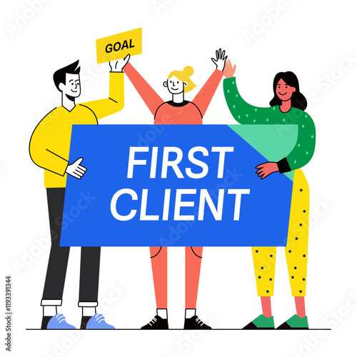 Team celebrating getting their first client, flat illustration