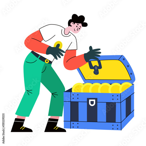 A flat illustration of a person opening a treasure chest filled with gold coins