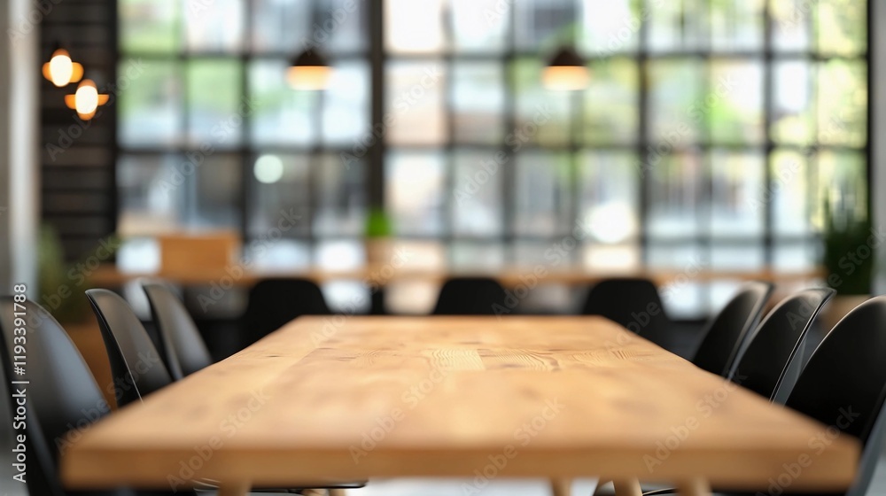 Modern wooden table in a stylish open space with large windows and warm ambient lighting during a vibrant gathering Modern wooden table in a stylish open space with large windows and warm ambient lighting during a vibrant gathering