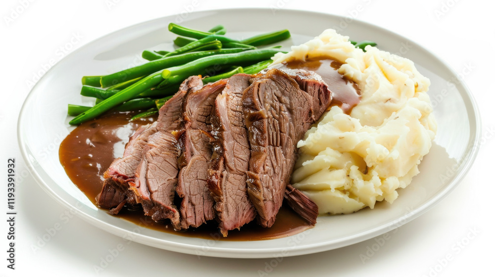 plate of roast beef with mashed potatoes and beans plate of roast beef with mashed potatoes and beans
