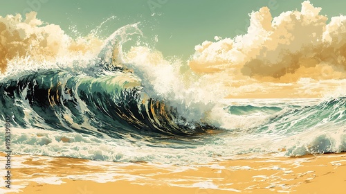 Majestic Ocean Wave Crashing on Sandy Shore