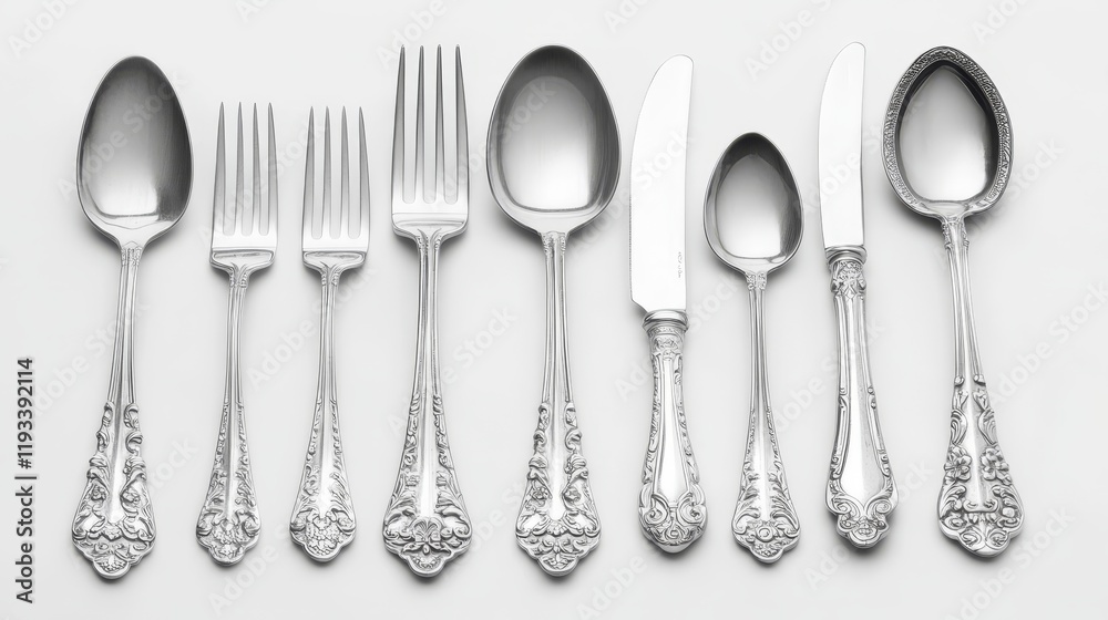 Fototapeta premium Cutlery includes forks, knives, and spoons. Forks and spoons are often set on a white background.