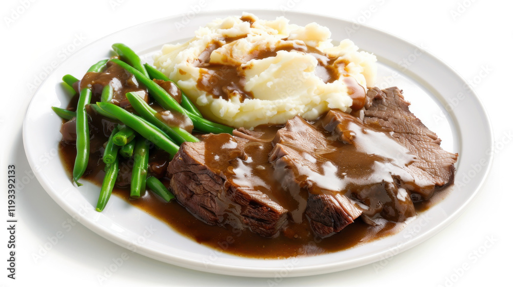 plate of roast beef with mashed potatoes and beans plate of roast beef with mashed potatoes and beans