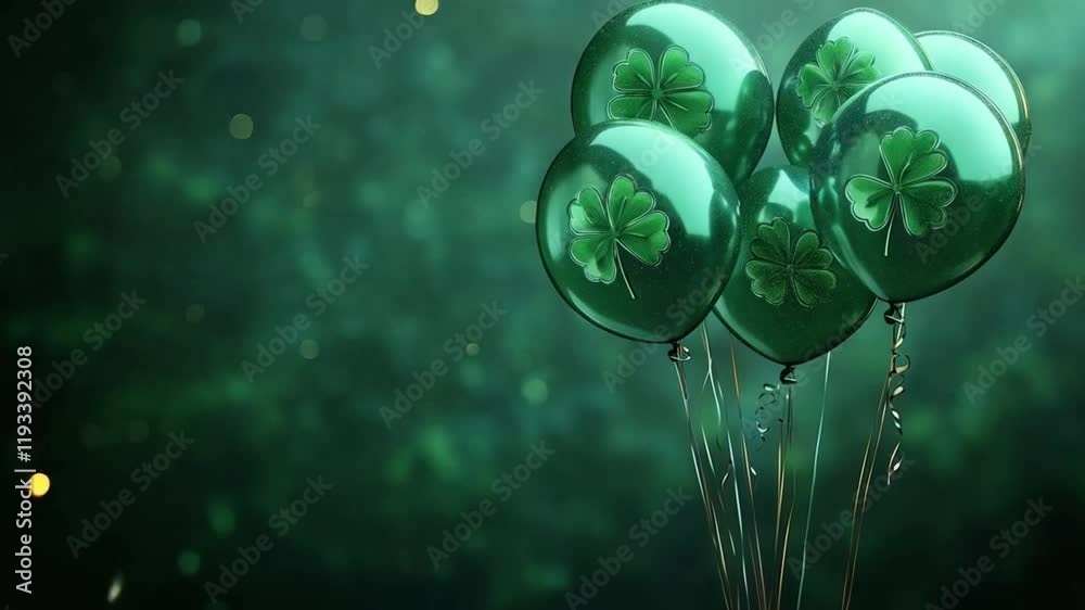 Floating green balloons with clovers in a sparkling bokeh background