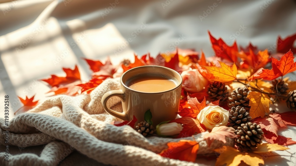 Warm Autumnal Beverage with Knitted Fabric and Fall Foliage Warm Autumnal Beverage with Knitted Fabric and Fall Foliage