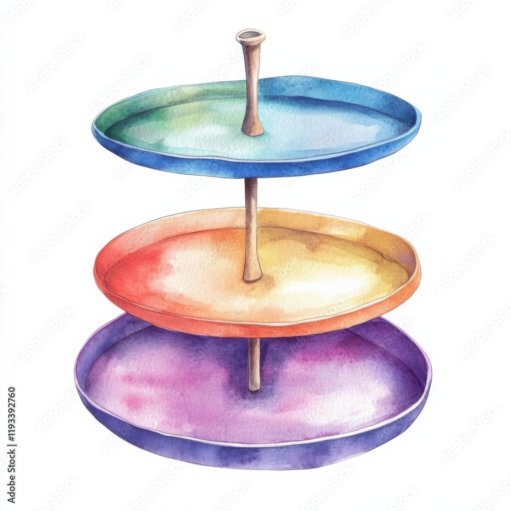 Elegant watercolor tiered tray display art studio illustration creative space close-up design inspiration, isolated on white background Elegant watercolor tiered tray display art studio illustration creative space close-up design inspiration, isolated on white background