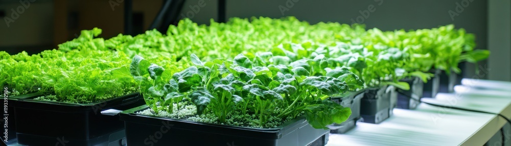 Fototapeta premium Indoor hydroponic lettuce farm under LED grow lights