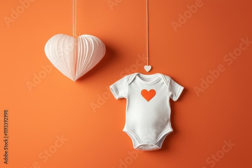 Cute baby onesie with heart design against an orange background, perfect for nursery decor.