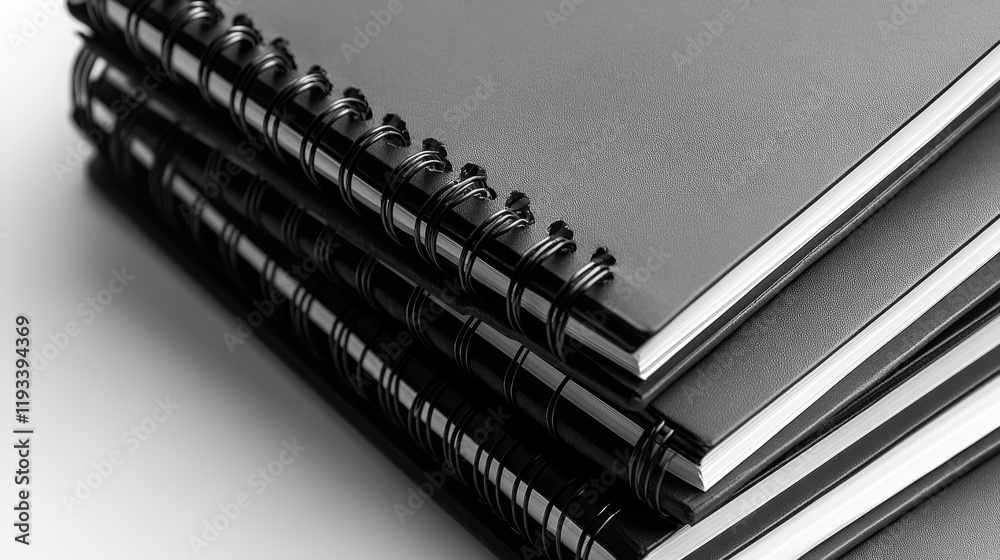 Mockup of spiral notebooks in black and white hues. Mockup of spiral notebooks in black and white hues.