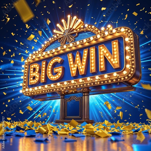 Big Win marquee sign with glowing light bulbs and a vibrant blue background, surrounded by yellow and blue confetti, evoking a grand casino celebration and excitement for events, parties