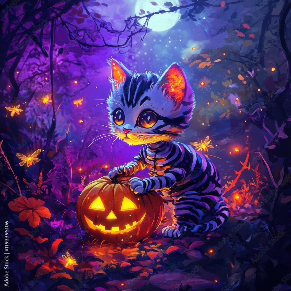 Fototapeta premium Cute Cat in Halloween Costume with Pumpkin