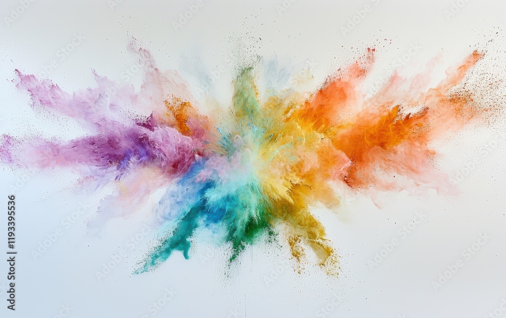 A colorful explosion of Holi powders spreading dynamically in all directions, captured on a clean white backdrop A colorful explosion of Holi powders spreading dynamically in all directions, captured on a clean white backdrop