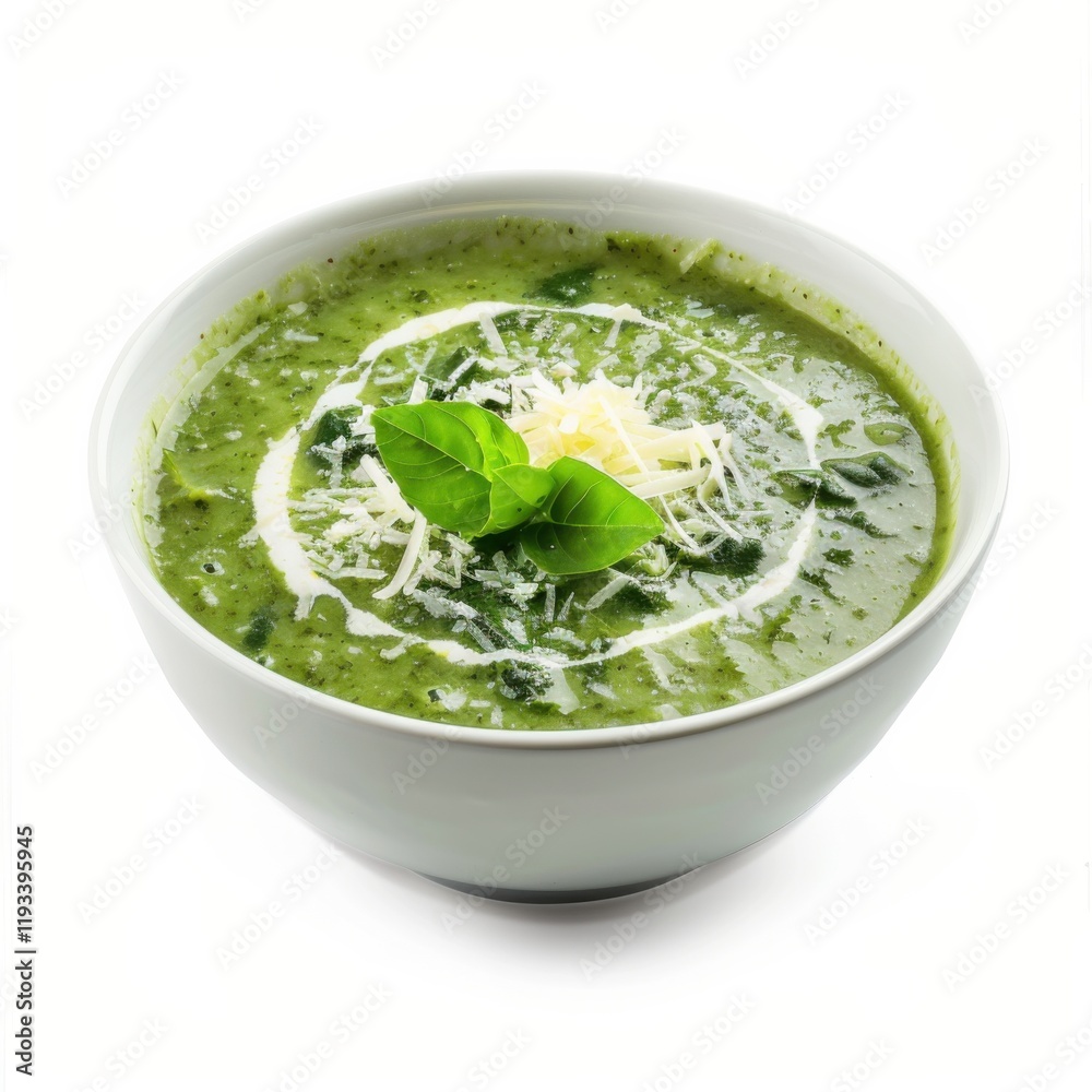 A bowl of creamy spinach and artichoke soup with a sprinkle of Parmesan cheese, isolated white background, contemporary art style A bowl of creamy spinach and artichoke soup with a sprinkle of Parmesan cheese, isolated white background, contemporary art style