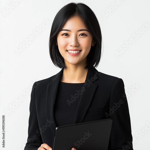 Businesswoman, 28 years old, in a black suit, standing and holding a laptop, smiling and confident. White background, studio professional photo photo