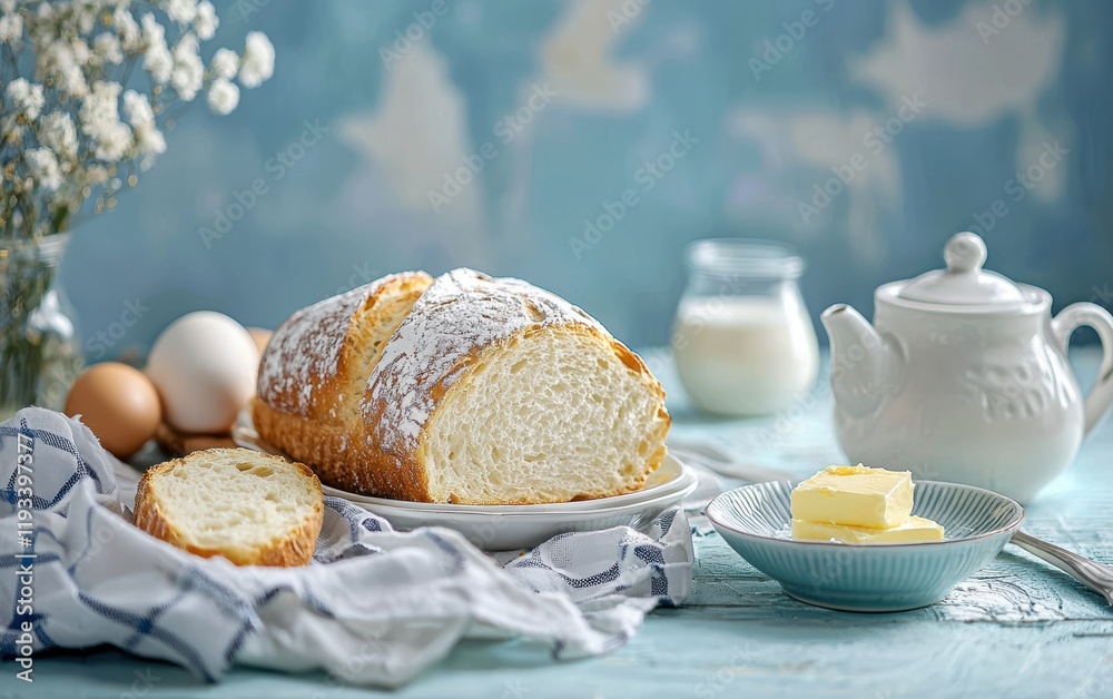 A cozy breakfast scene with a loaf of bread, eggs, and creamy butter on a pastel blue backdrop A cozy breakfast scene with a loaf of bread, eggs, and creamy butter on a pastel blue backdrop