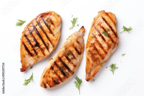 Grilled chicken breast slices top view isolated on white