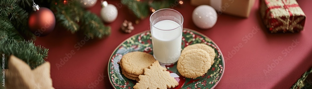 Festive Christmas cookies and milk on red table Festive Christmas cookies and milk on red table