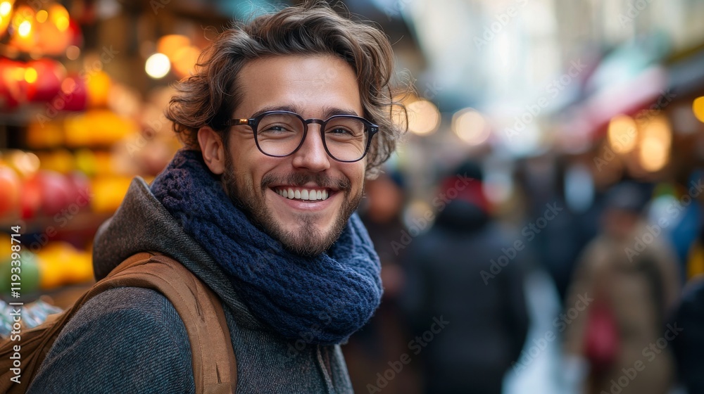 Fototapeta premium Smiling Man Wearing Glasses in a City Market