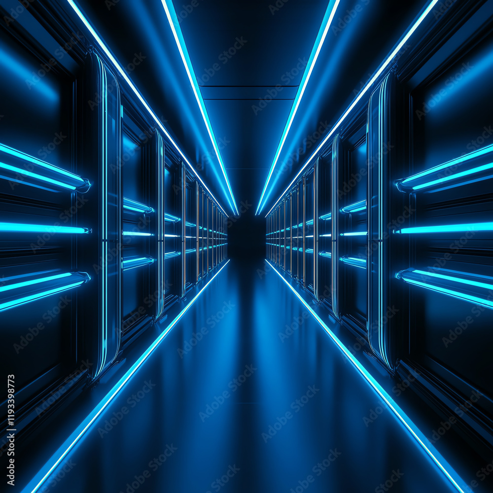 Futuristic hallway with glowing blue lights, creating a high-tech, immersive atmosphere that inspires innovation and exploration. Futuristic hallway with glowing blue lights, creating a high-tech, immersive atmosphere that inspires innovation and exploration.