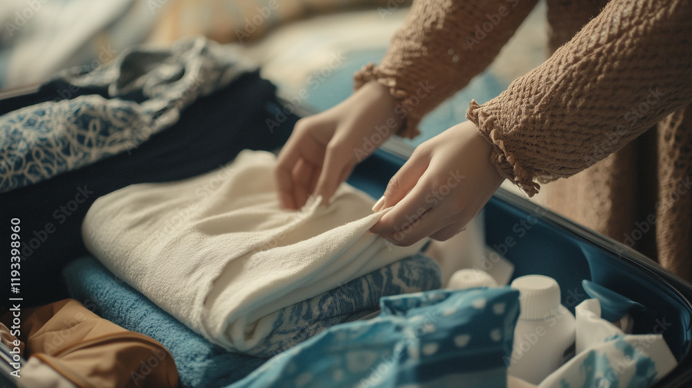 Obraz premium Close-Up of a Woman's Hands Carefully Packing Clothes into a Suitcase, Featuring Neatly Folded Garments and a Cozy Atmosphere, Perfect for Travel and Lifestyle-Themed Photography