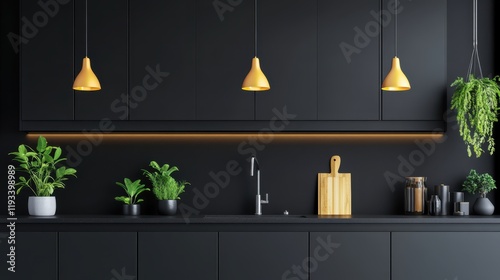 Three vibrant plants in decorative pots adorn the kitchen counter, adding a touch of greenery and freshness to the culinary space.