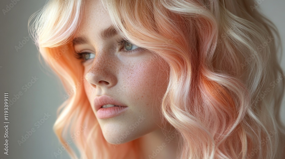 Close up of a young woman with peach blonde wavy hair Close up of a young woman with peach blonde wavy hair