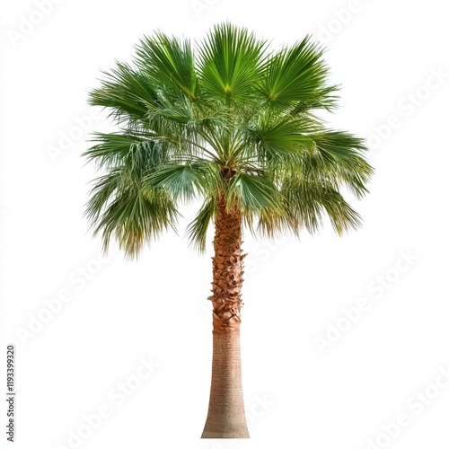 A solitary arched palm tree stands prominently against a stark white background, showcasing its unique form with no leaves, symbolizing resilience and simplicity.