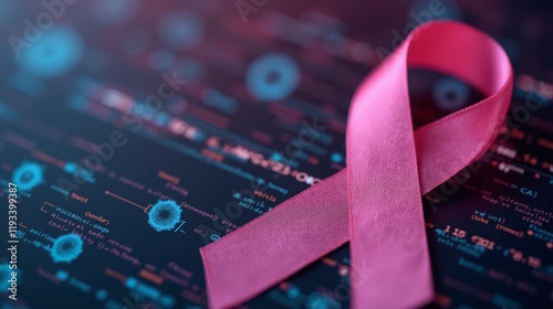Pink ribbon on digital blurred  background, symbolizing breast cancer awareness, support for patients and survivors. Copy space.