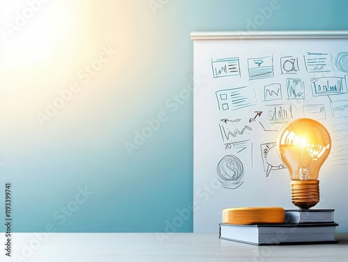 A glowing light bulb sits on a stack of books beside a wall covered with sketches, symbolizing ideas and creativity.