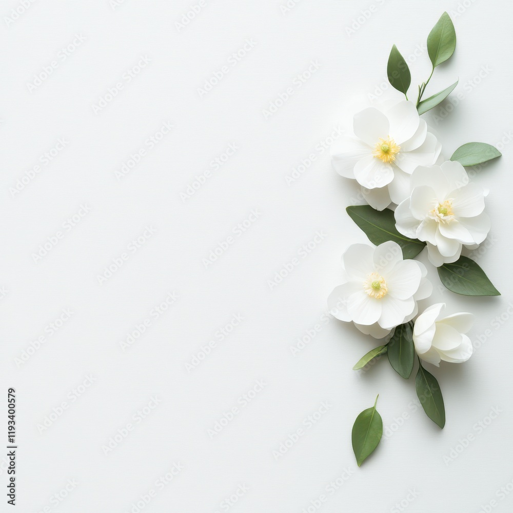 Obraz premium A delicate white flower with vibrant green leaves rests elegantly on a pristine white surface, showcasing nature's beauty and simplicity.