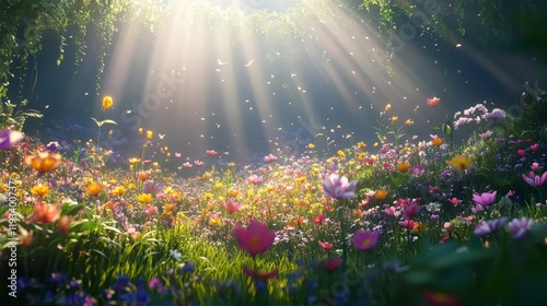 Serene Sunlight Filtering Through Blossoms in a Colorful Meadow