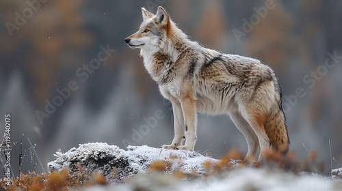 A wolf gazes to the side, framed by trees adorned with vibrant yellow leaves in the background. photo