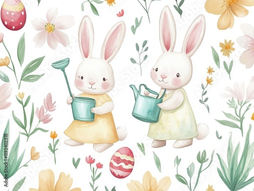 Cute Rabbits Gardening in Floral Spring Scene with Soft Colors