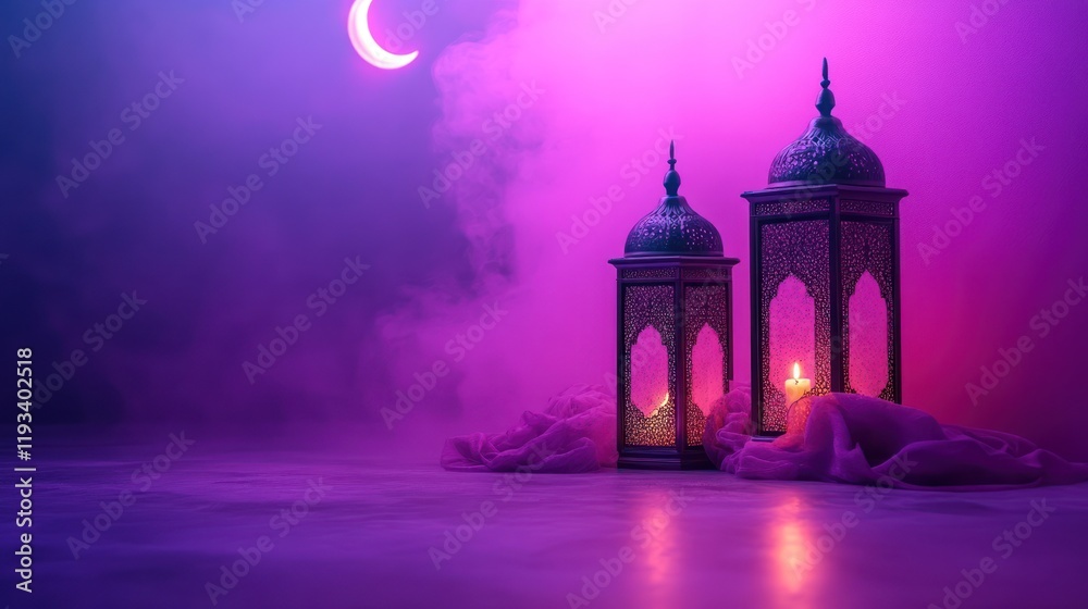 Glowing Lanterns and Crescent Moon for Ramadhan Celebration Glowing Lanterns and Crescent Moon for Ramadhan Celebration