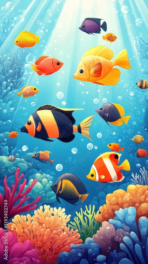 Fototapeta premium Vibrant Colorful Fish Swimming in a Coral Reef Scene