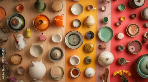 Colorful ceramic plates arranged in a playful layout
