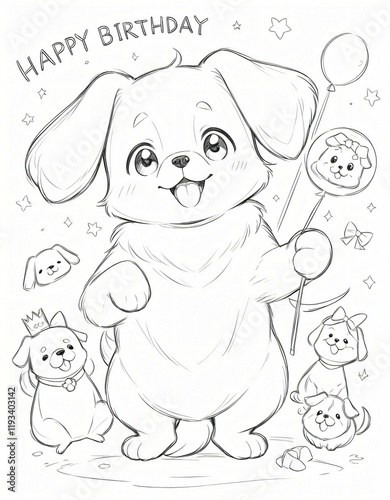 Black and white sketch of coloring page 'happy birthday' with a cute dog, fun design for kids, ready to print on paper, Ai generated Images