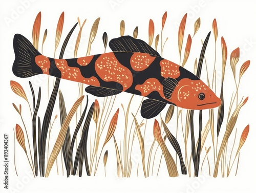 Vibrant Illustration of a Colorful Fish Swimming Gracefully Among Lush Aquatic Plants photo