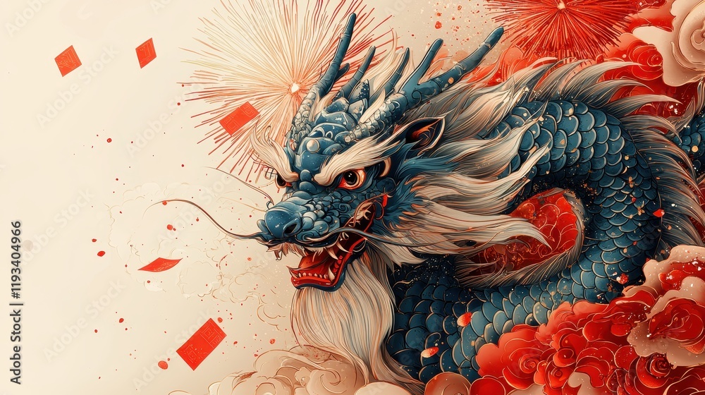 Fototapeta premium Majestic Blue Dragon with Fiery Red Details Surrounded by Festive Explosions and Decorative Elements Symbolizing Power and Celebration in Asian Culture