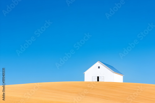 A barn and silo set against a backdrop of golden fields under a clear blue sky, classic farm scene, banner photo