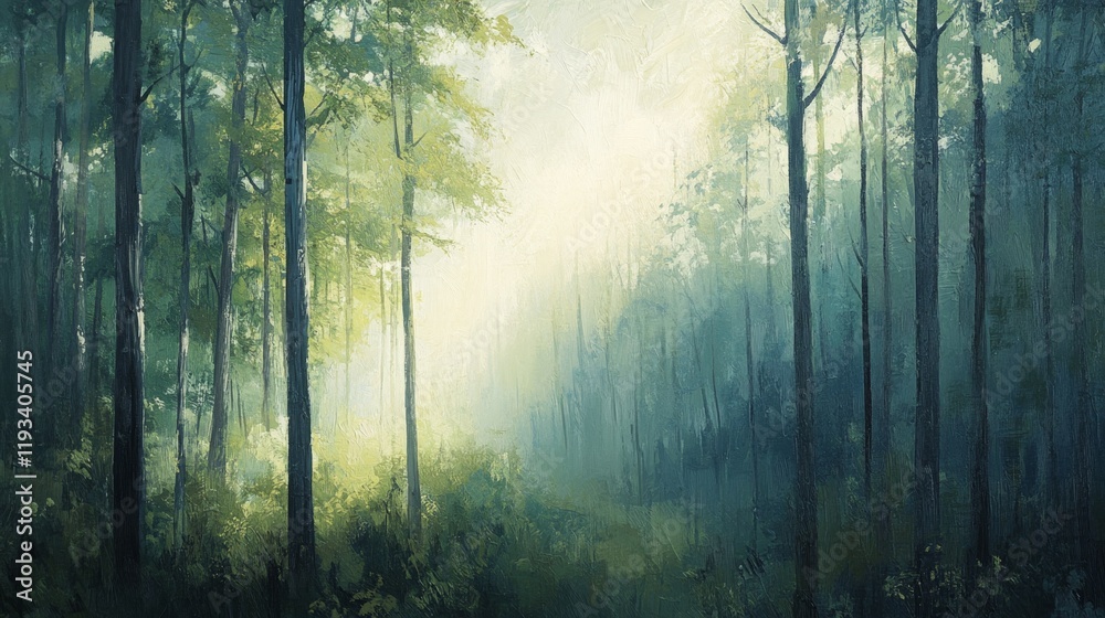 Obraz premium Serene Misty Forest with Soft Light and Lush Greenery in Morning