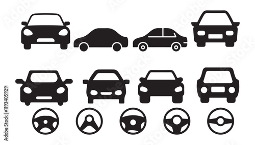 Black car icon set. Car transport symbol. Vehicle logo concept. Vector illustration EPS 10
