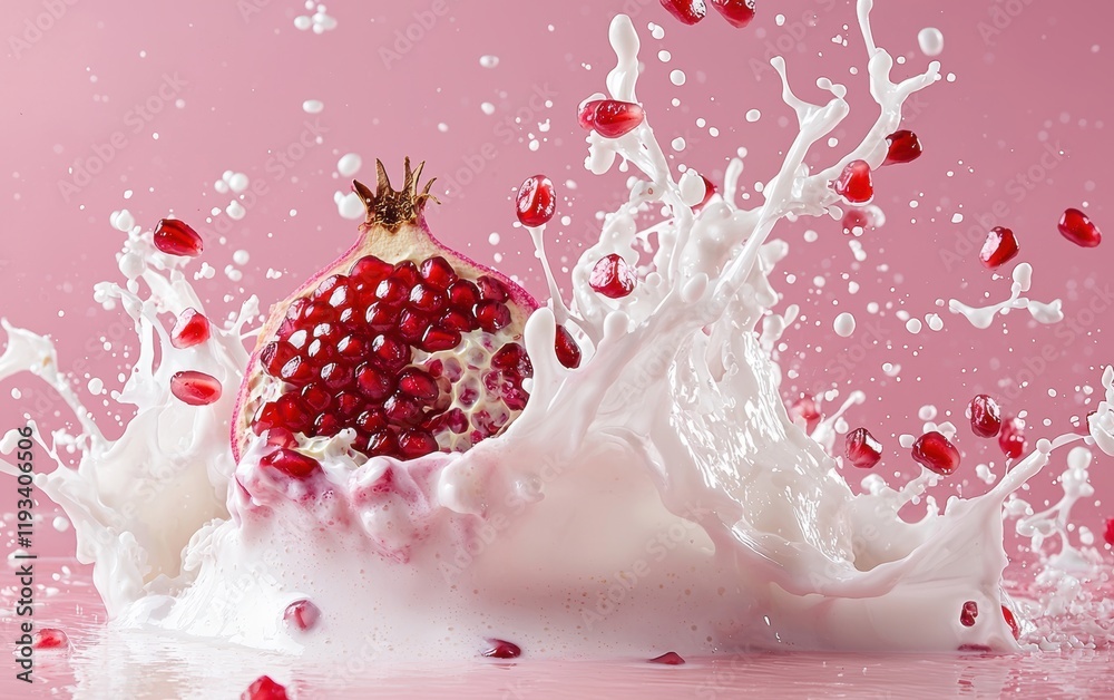 A dynamic milk explosion with pomegranate seeds scattered in motion on a pastel pink backdrop A dynamic milk explosion with pomegranate seeds scattered in motion on a pastel pink backdrop