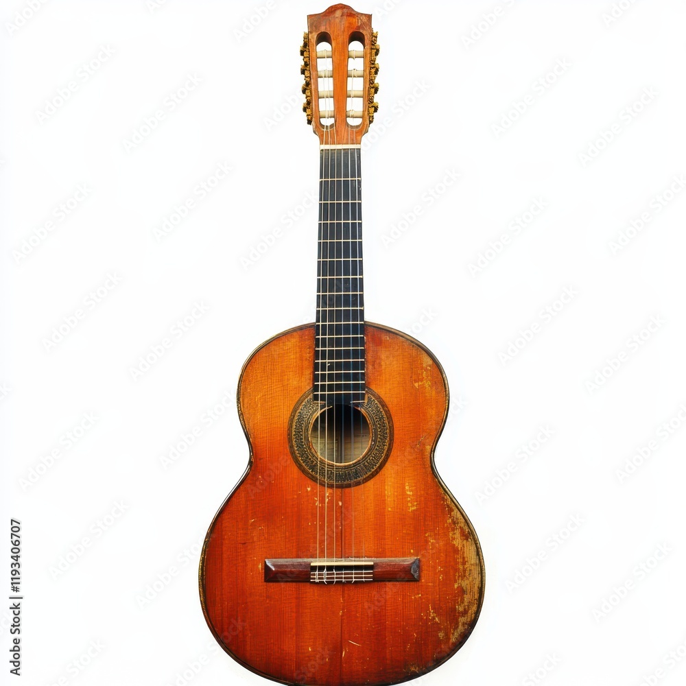 Obraz premium A guitar rests elegantly on a sturdy stand, showcasing its polished body and intricate design, ready for music enthusiasts to play and enjoy.