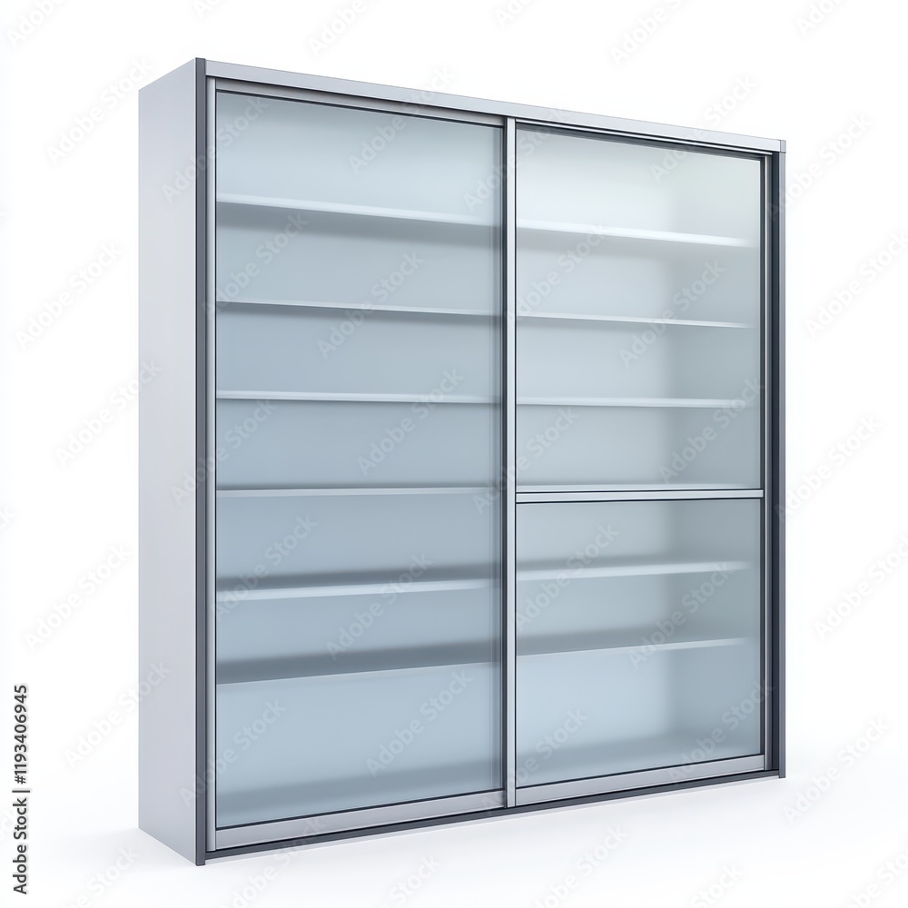 A detailed close-up view of a glass door showcasing shelves filled with various items in a well-lit room. A detailed close-up view of a glass door showcasing shelves filled with various items in a well-lit room.