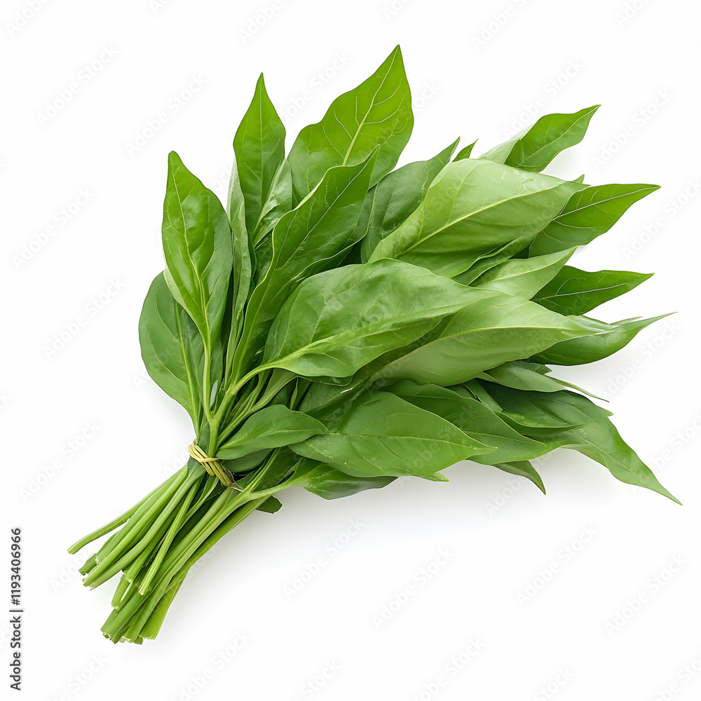A bunch of fresh Utazi leaves with vibrant green color, isolated on a white background, showcasing its unique texture A bunch of fresh Utazi leaves with vibrant green color, isolated on a white background, showcasing its unique texture