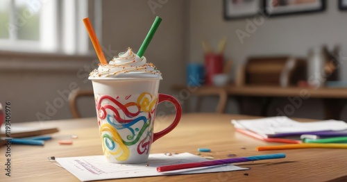 A whimsical coffee cup with a colorful, swirly straw on top sits on a cluttered desk, minimalist, decor